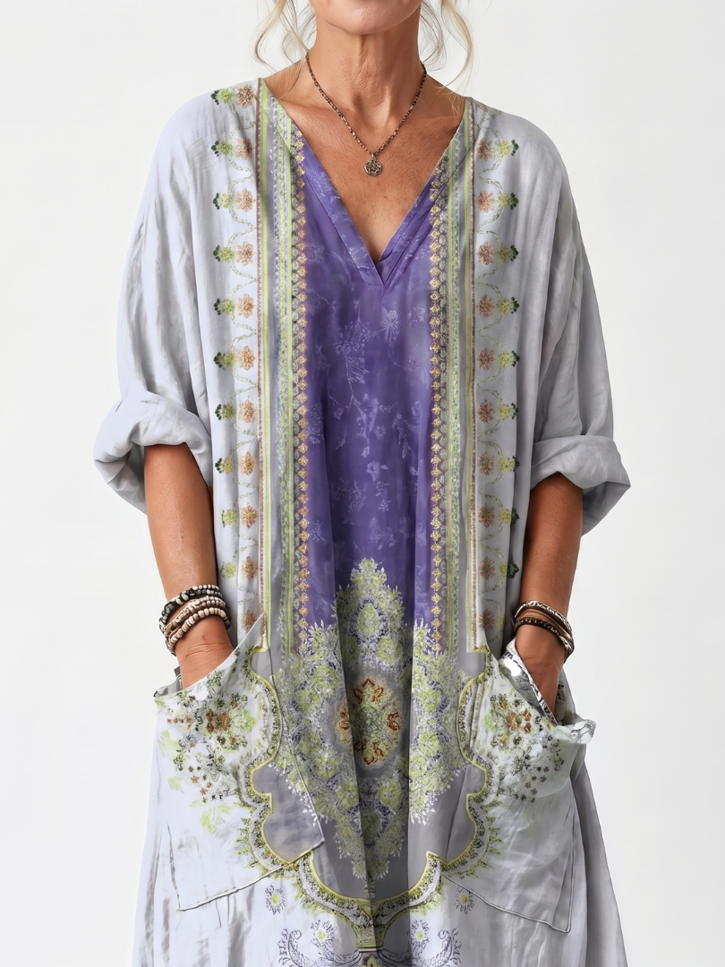 RAINA | CONTRAST PANEL EMBROIDERED OVERSIZED POCKET MIDI DRESS