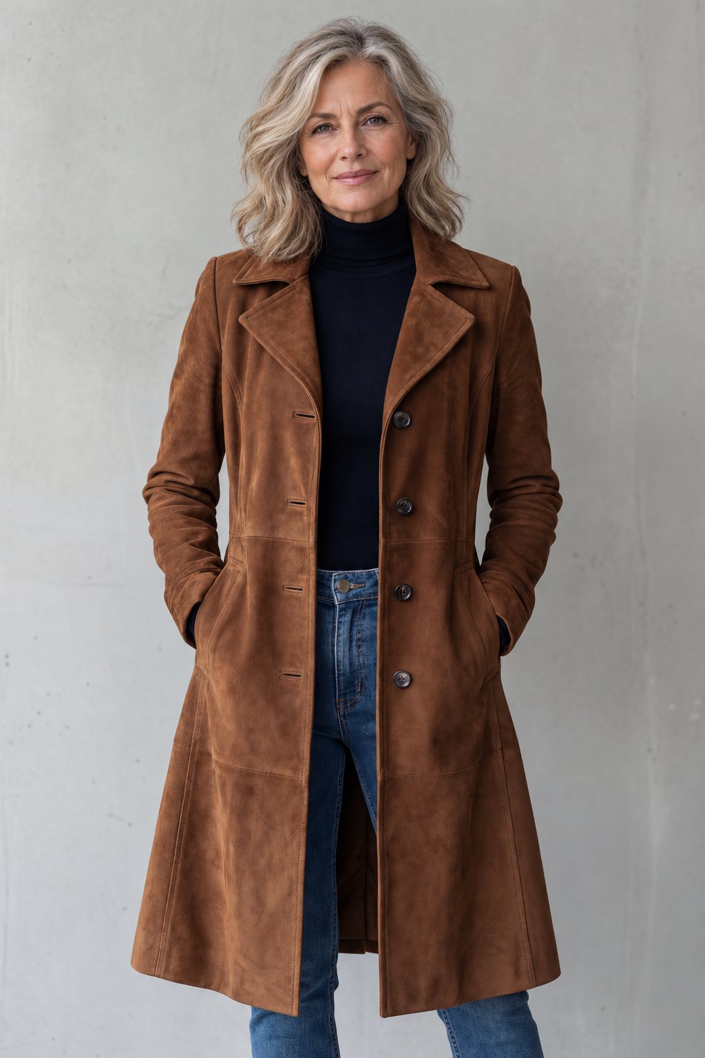 Older woman wearing the Dinah brown suede-look long coat, front view