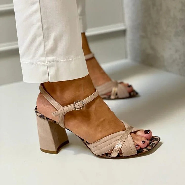 Khaki Leopard Print Patchwork Peep-Toe Block Heels