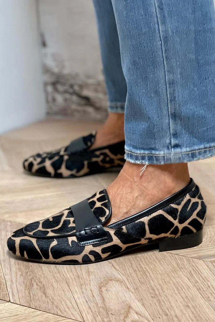 Cow Print Colour-Block Round-Toe Slip-On Loafers
