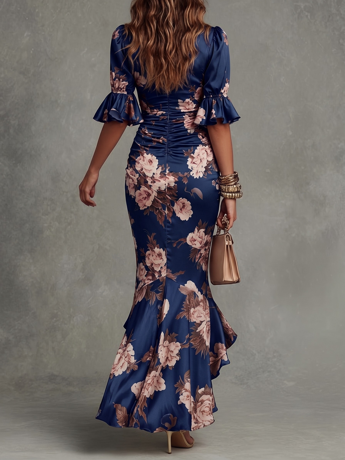 Lorelei asymmetric floral ruffle maxi dress, view 4