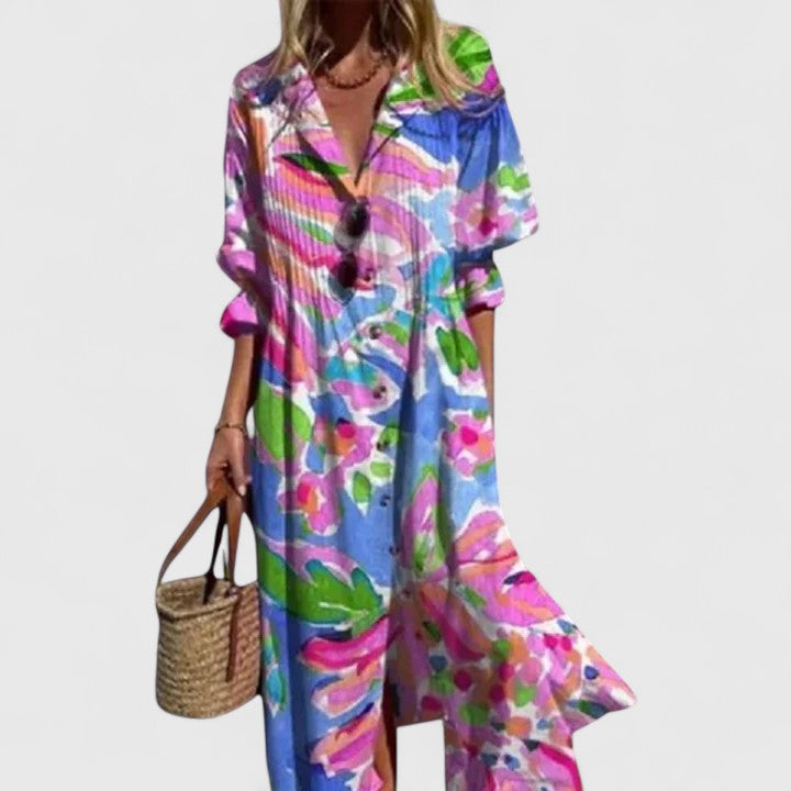 Vanessa long printed shirt dress in pink and blue abstract print, front view