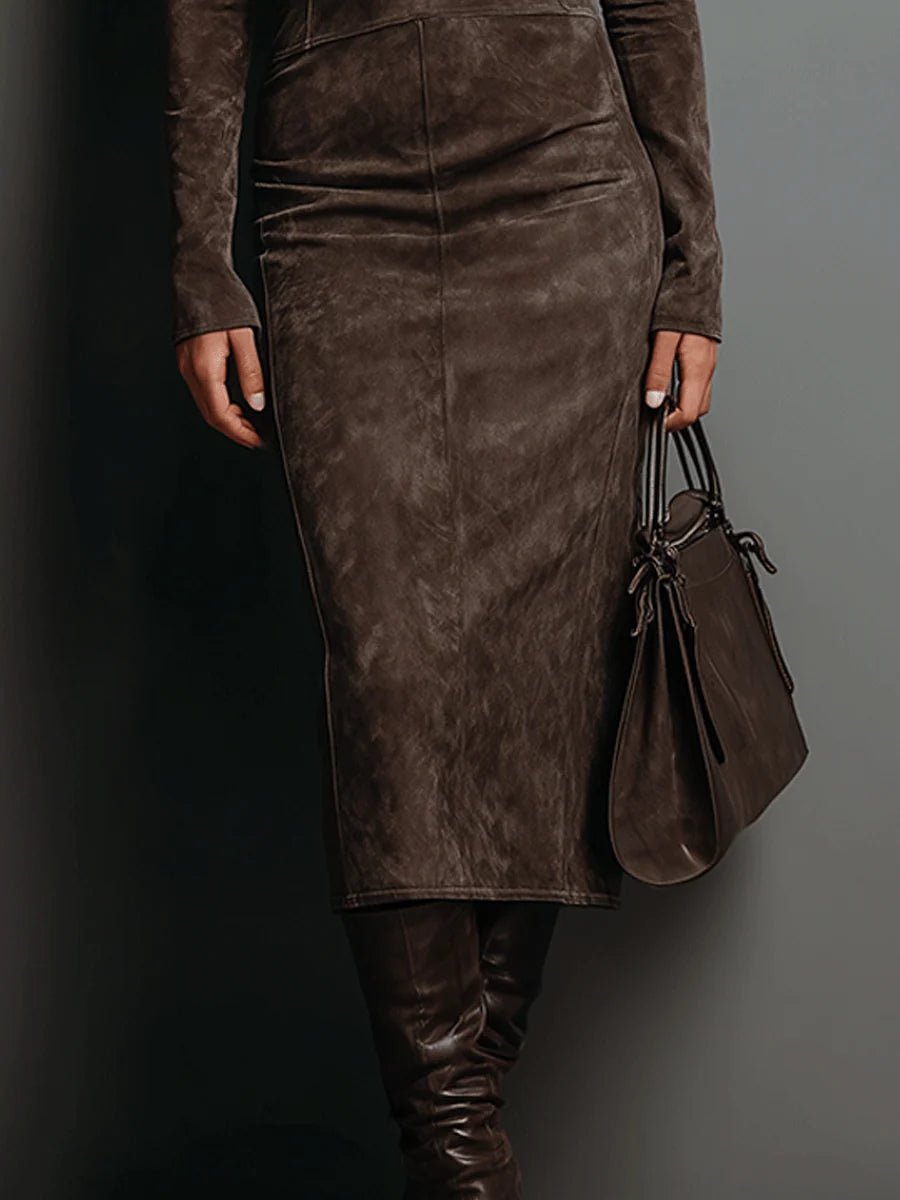 Holly suedette high-neck midi dress, view 5