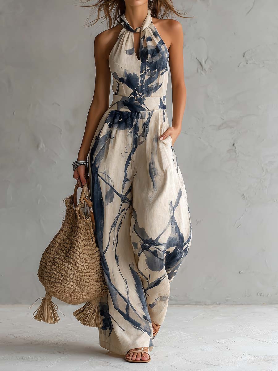 Abigail ink print halter wide-leg jumpsuit front view
