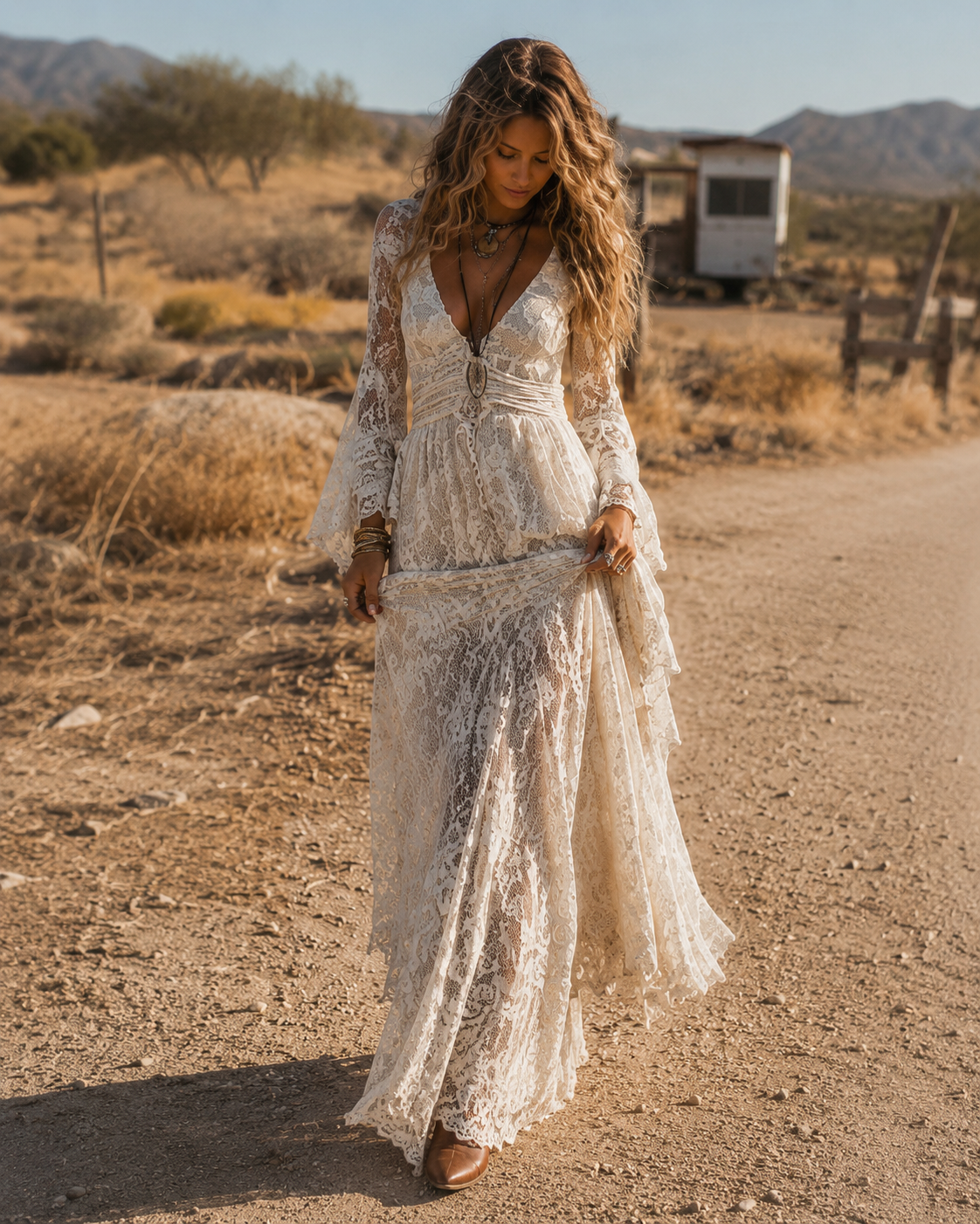 Serena | Ivory Lace Maxi Dress with Bell Sleeves