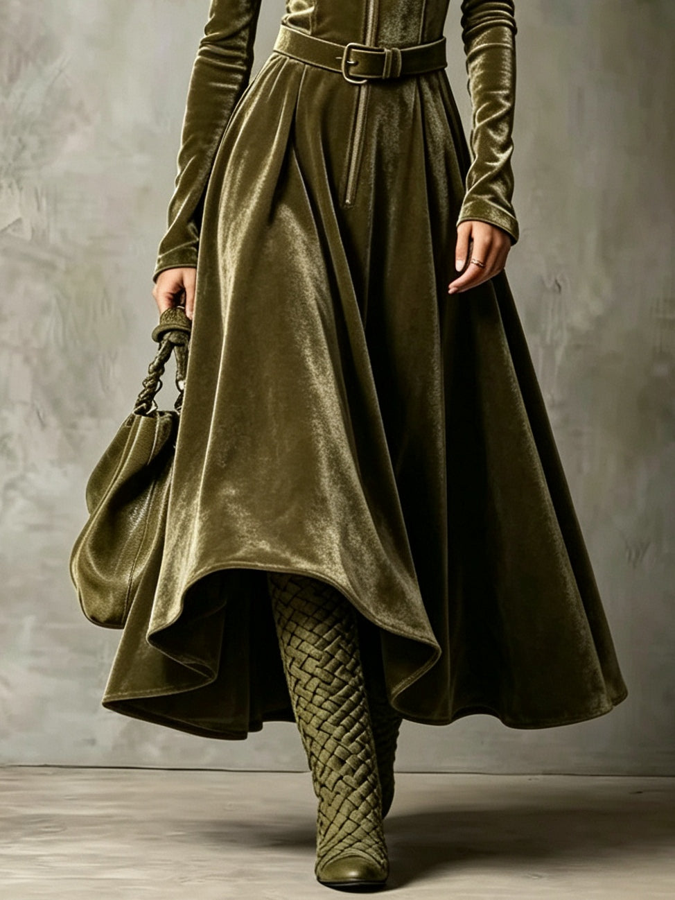 Jocasta velvet zip-front maxi dress in green, skirt detail