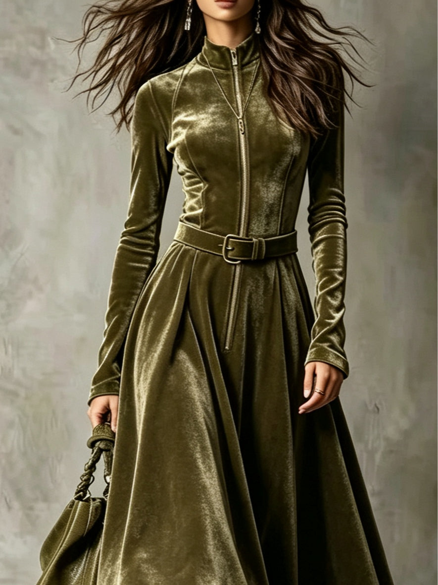 Jocasta velvet zip-front maxi dress in green, close-up view