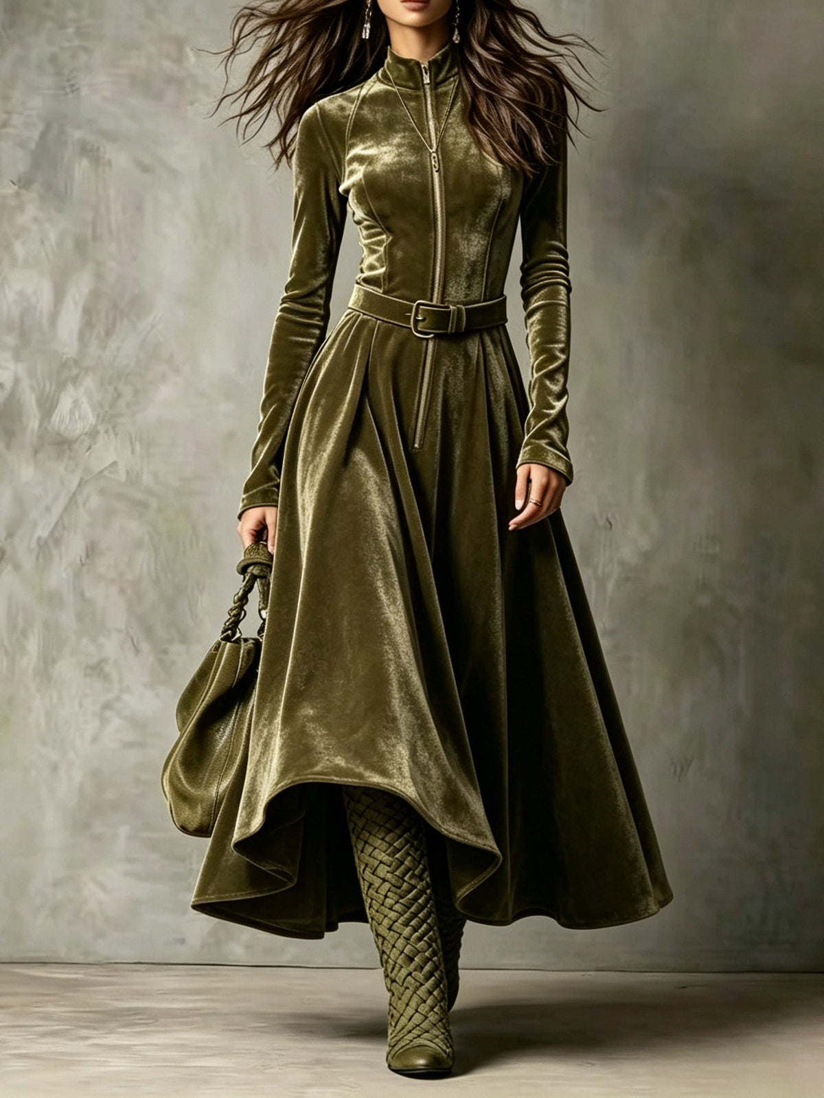 Jocasta velvet zip-front maxi dress in green, full-length front view
