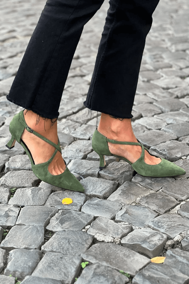 Green Pointed-Toe Kitten Heels with Cross Straps