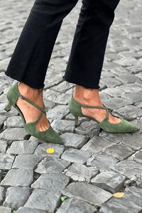 Green Pointed-Toe Kitten Heels with Cross Straps