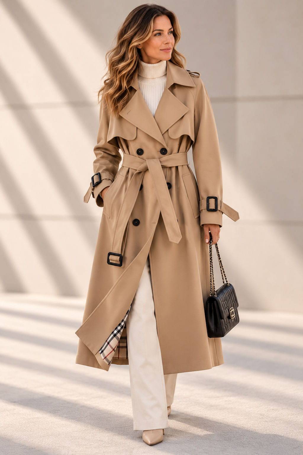 Edwina belted double-breasted trench coat in beige, full-length front view