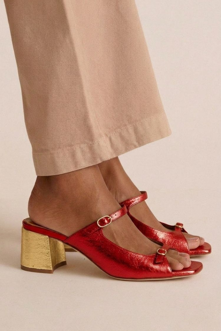 Gold Colour-Block Cut-Out Slingback Block Heels