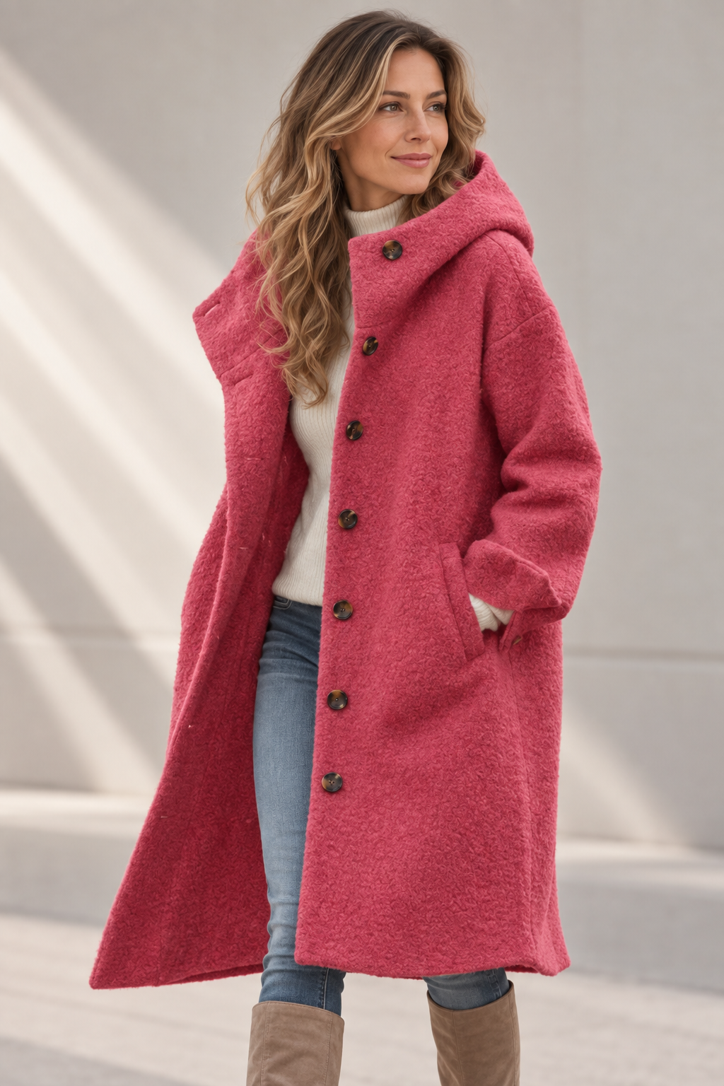 Virginia long hooded coat in pink, full-length front view