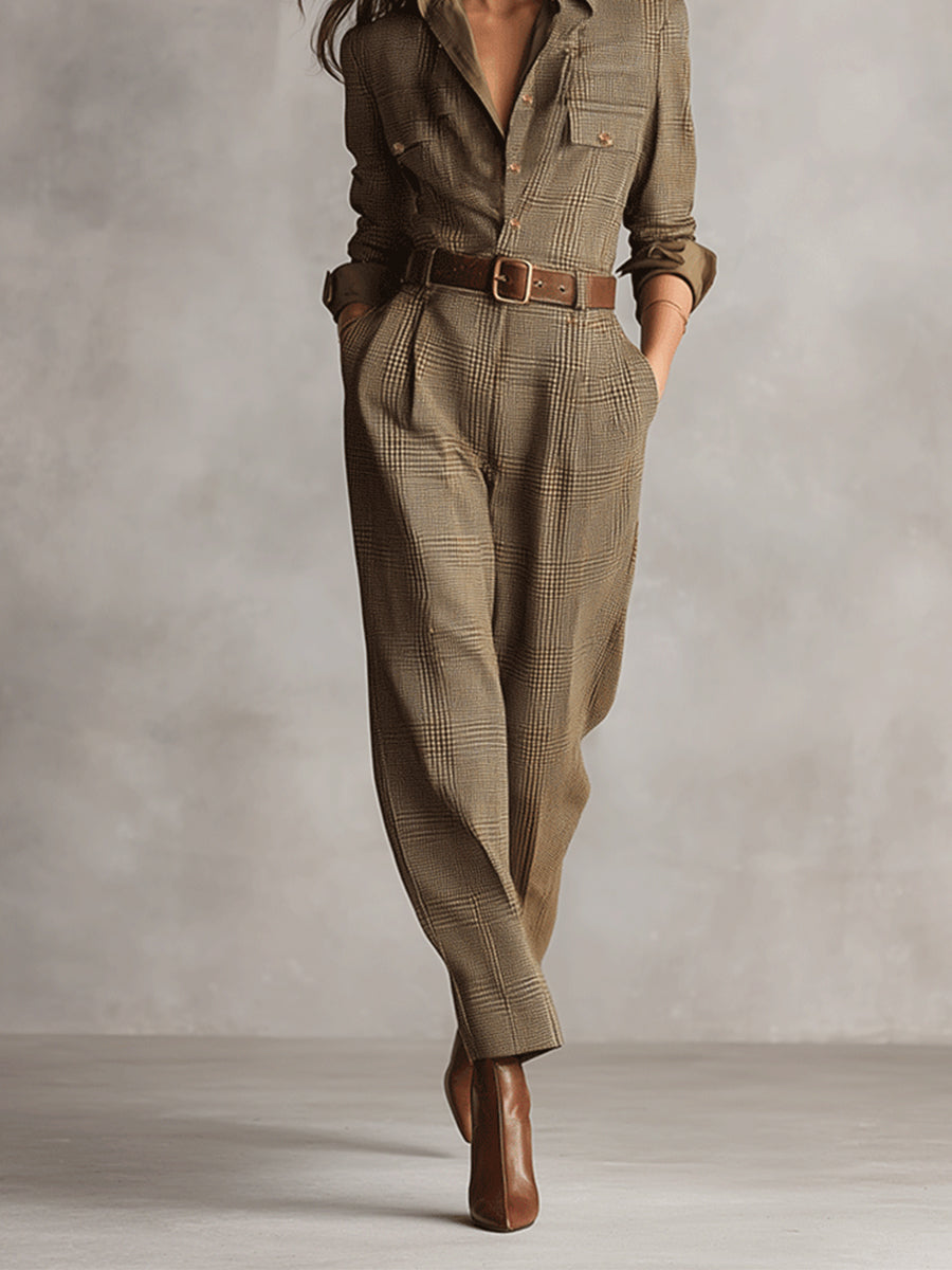 Nessa check utility jumpsuit in brown, full-length view
