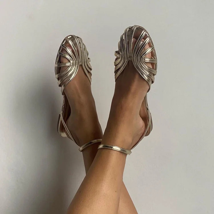 Round-Toe Cut-Out Ballet Flats with Ankle Strap