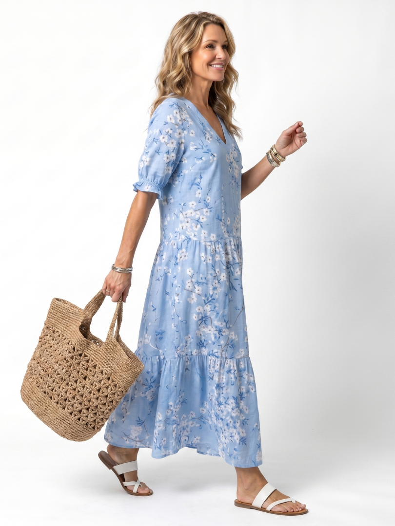 ALORA | FLORAL PRINT TASSEL TIE MIDI DRESS
