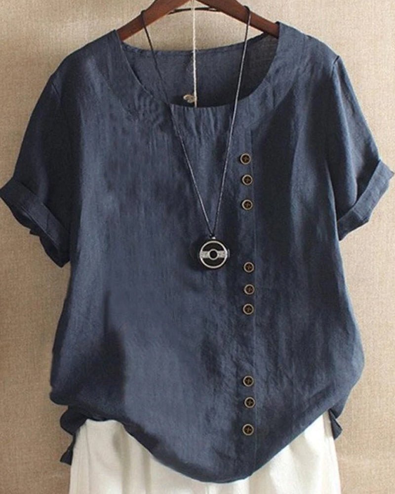 Miranda linen-look button-detail T-shirt in navy, front view on hanger