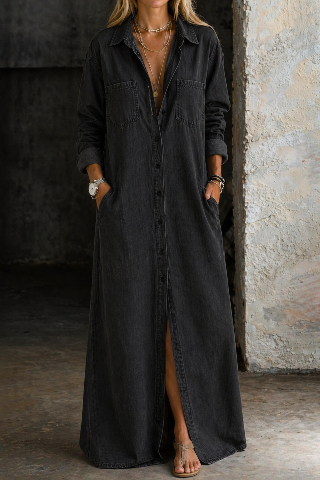 Merryn denim button-down maxi dress in black, front view with side slit