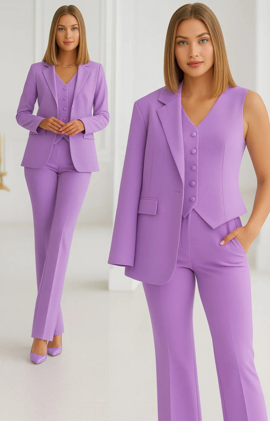 Henrietta elegant three-piece suit in purple, full-length and close-up view
