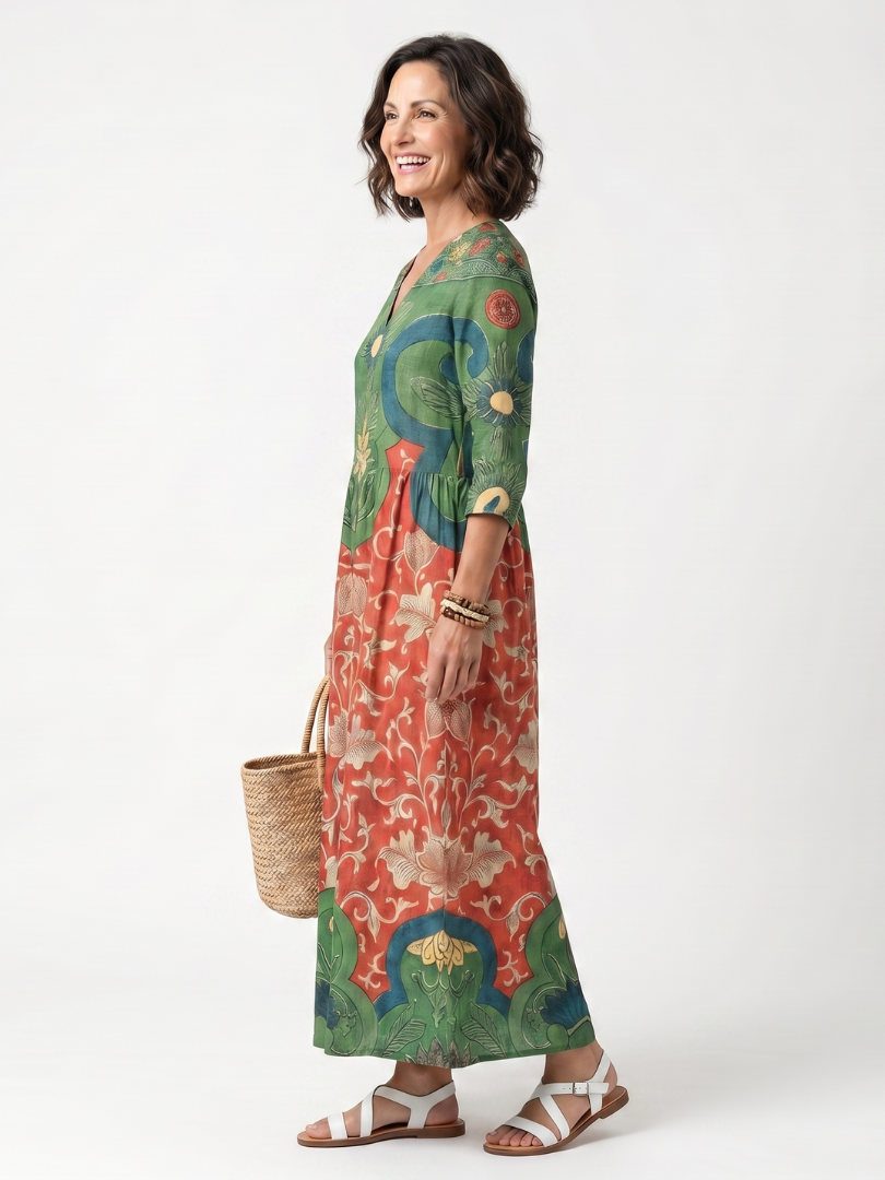 SLOANE | MIXED PRINT V NECK POCKET MIDI DRESS
