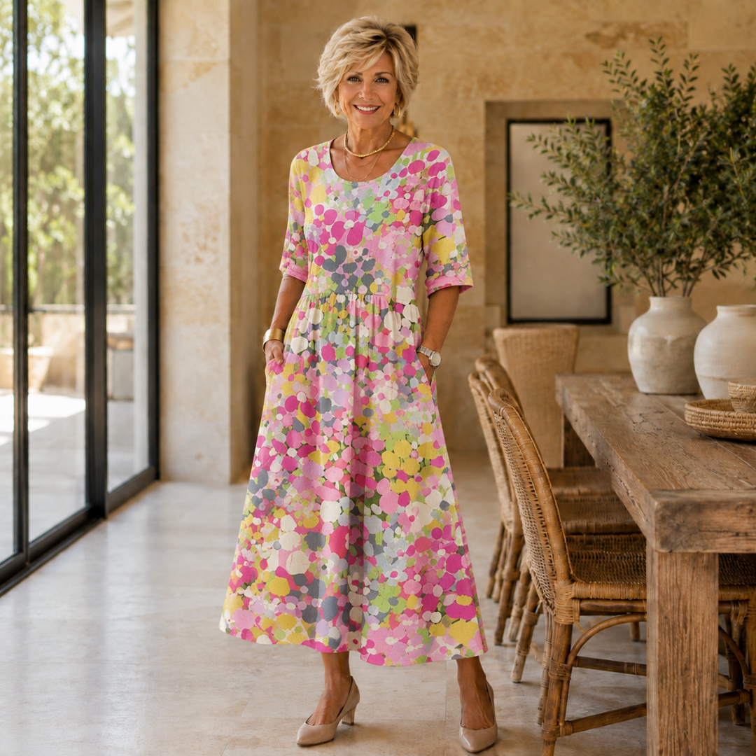 Truda confetti dot midi dress in pink, front view