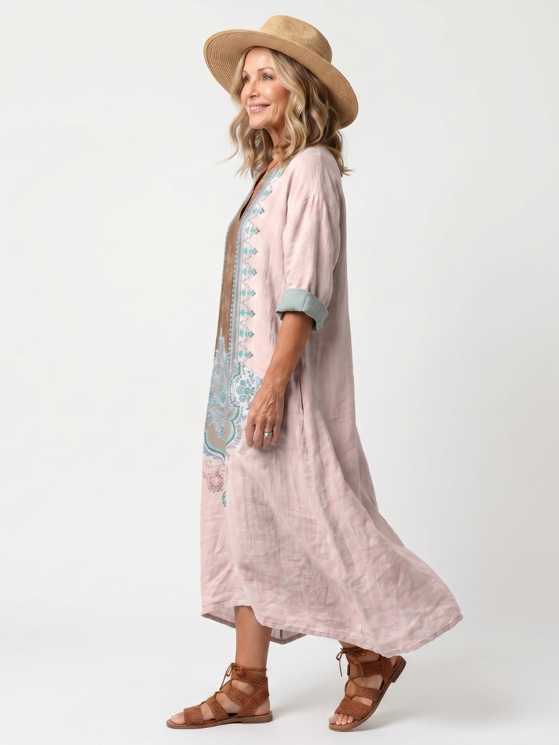 KENZA | EMBROIDERED PANEL RELAXED POCKET MIDI DRESS