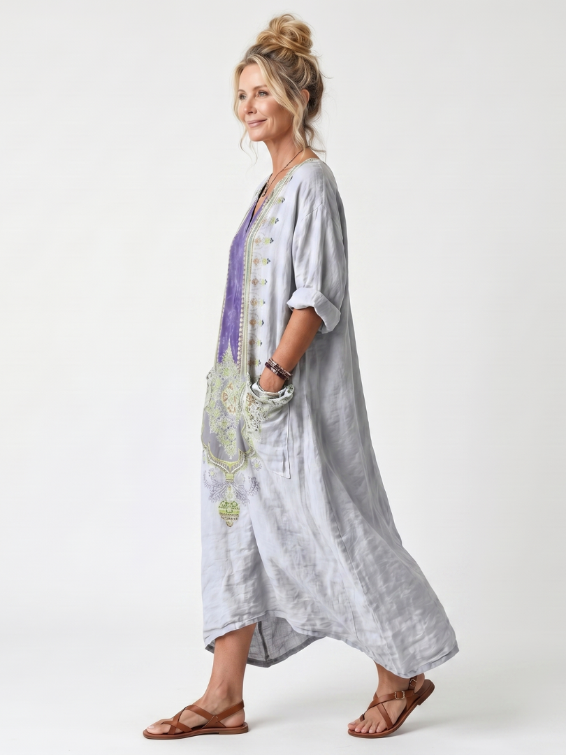 RAINA | CONTRAST PANEL EMBROIDERED OVERSIZED POCKET MIDI DRESS