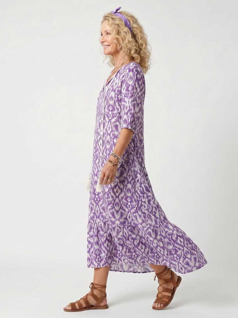PENELOPE | PRINTED TASSEL TIE MIDI DRESS