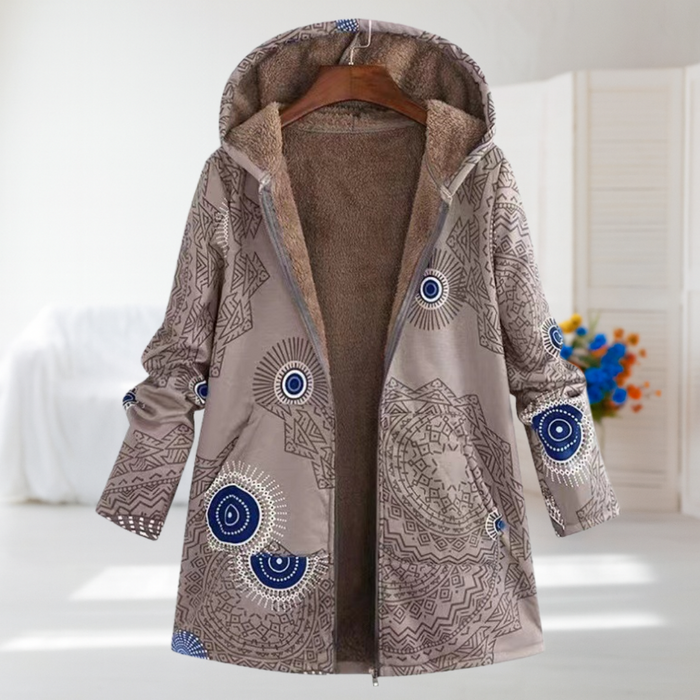 Mila hooded mandala print coat in taupe, front view on a hanger