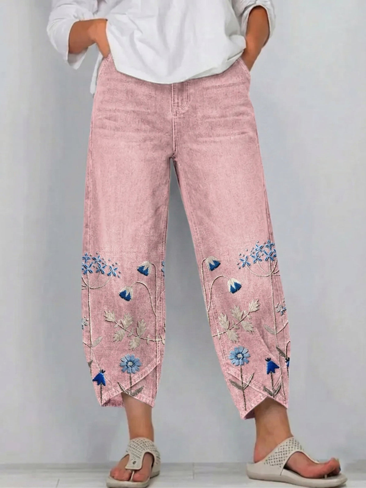 Viola floral comfort trousers in pink, front view