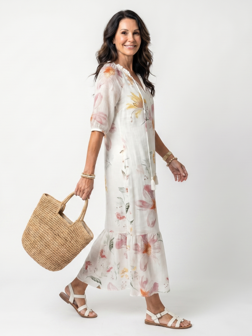 NOA | SOFT FLORAL TIERED TASSEL MIDI DRESS