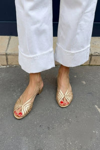 Gold Metallic Round-Toe Slingback Sandals with Straps