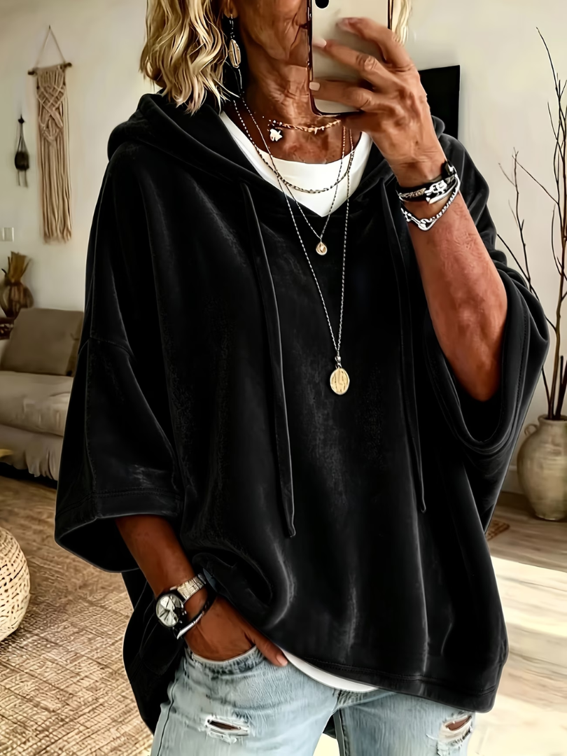 Carolina poncho hoodie in black, front view