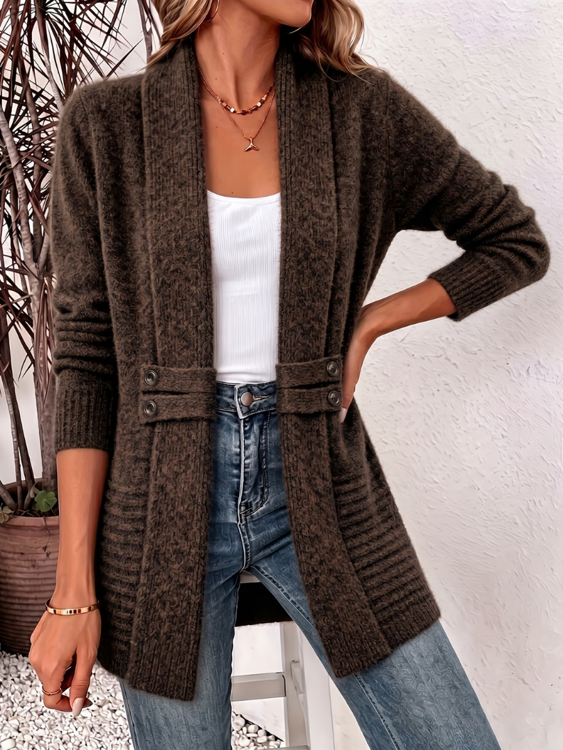 Ambrosine longline knit cardigan in brown, front view