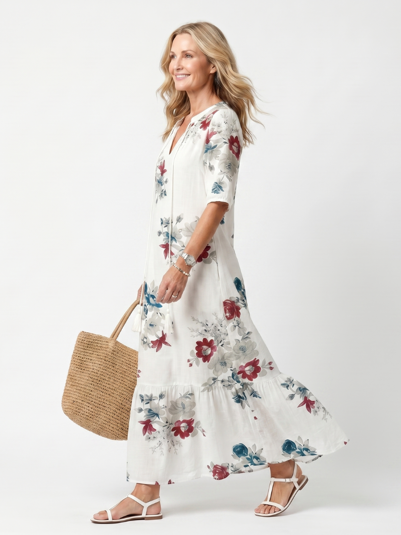MAEVA | SCATTERED FLORAL TASSEL TIE MIDI DRESS