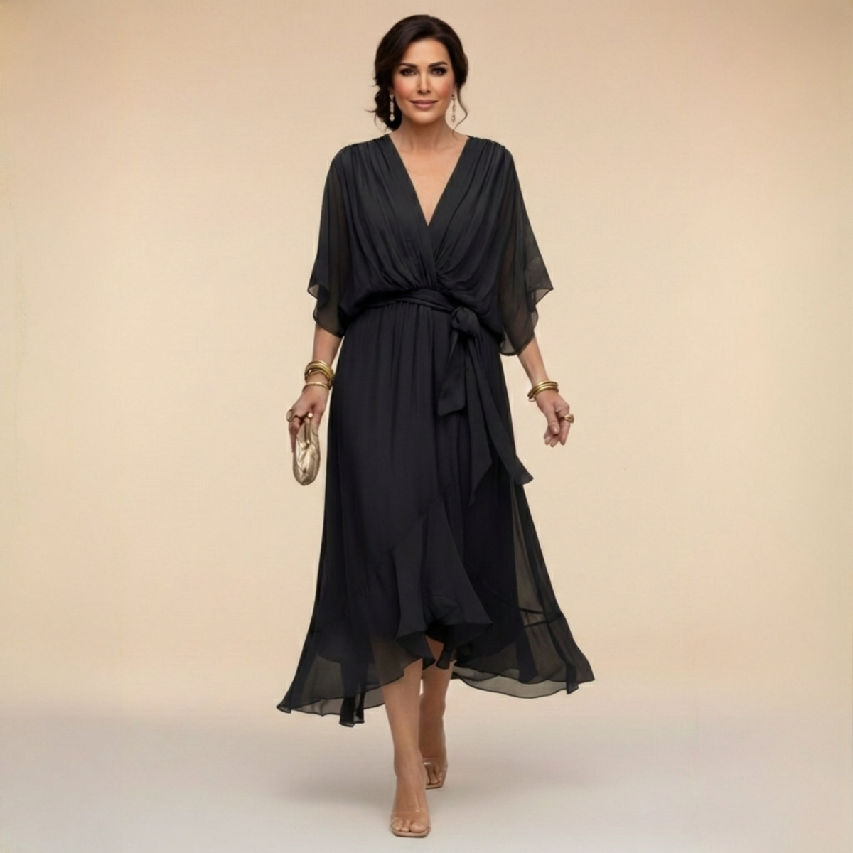 Monica wrap midi dress in black, full-length front view