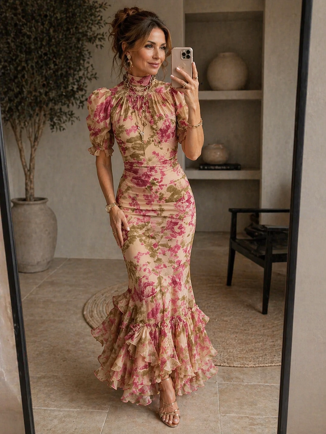 LIORA™ | Floral Puff-Sleeve Maxi Dress.