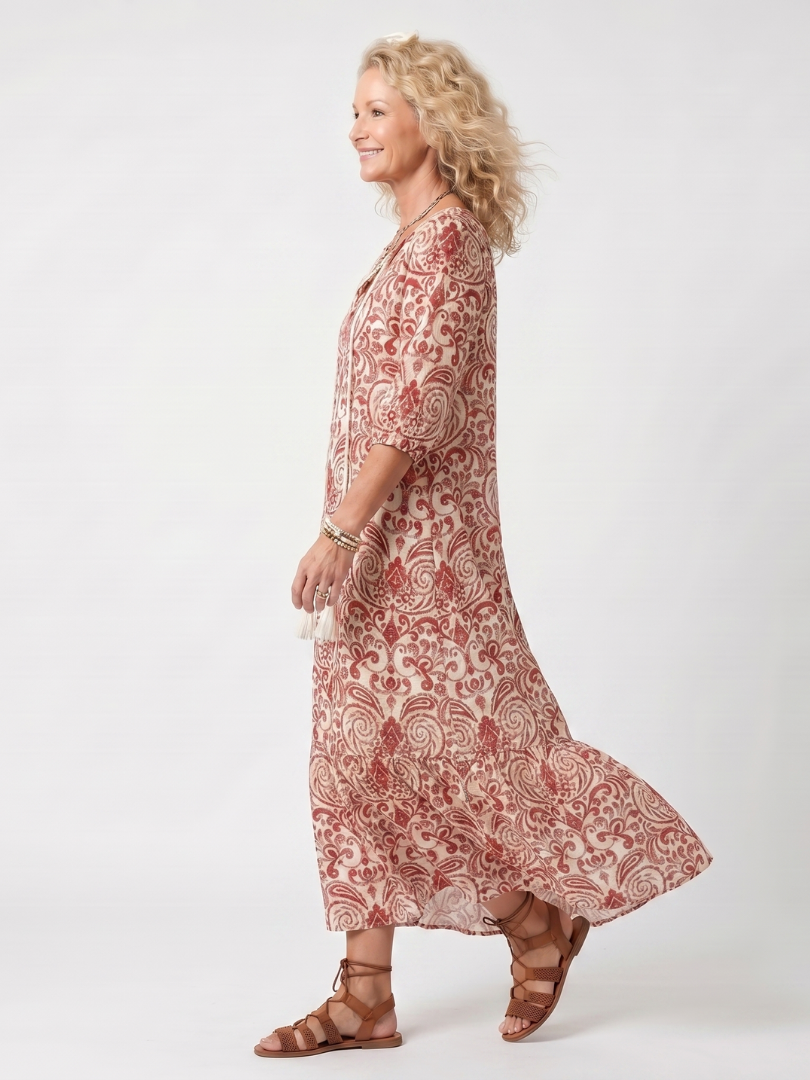 NOELLE | ORNATE PRINT TASSEL TIE MIDI DRESS