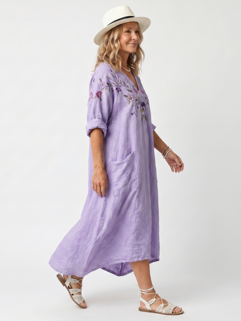 TAVI | FLORAL EMBROIDERED OVERSIZED POCKET MIDI DRESS