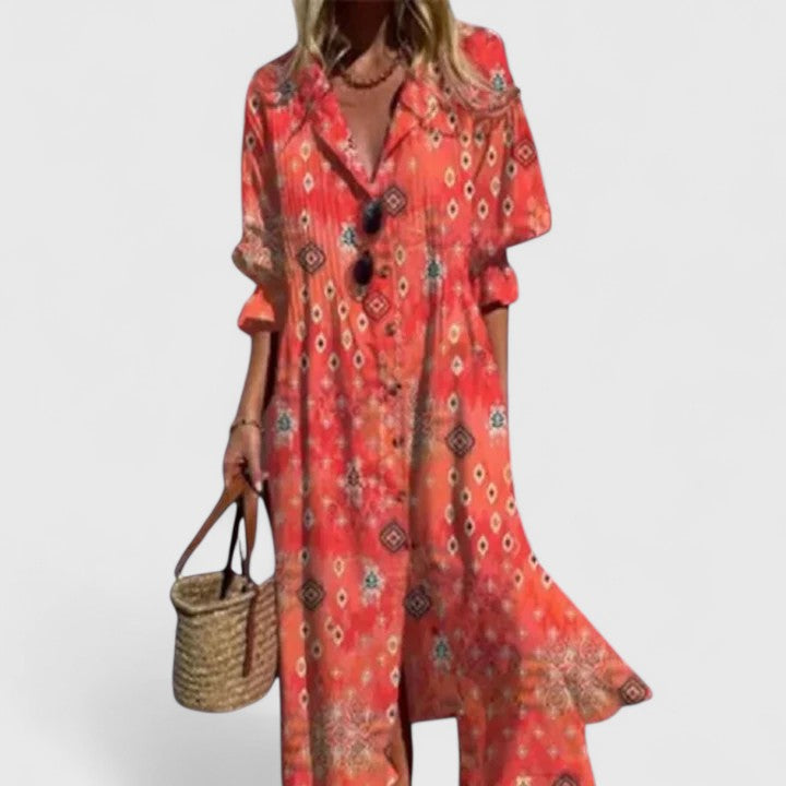 Vanessa long printed shirt dress in red geometric print, front view