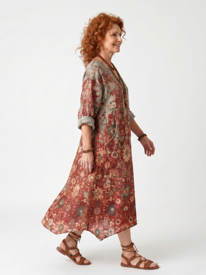 SAFFRON | MIXED PATTERN RELAXED POCKET MIDI DRESS