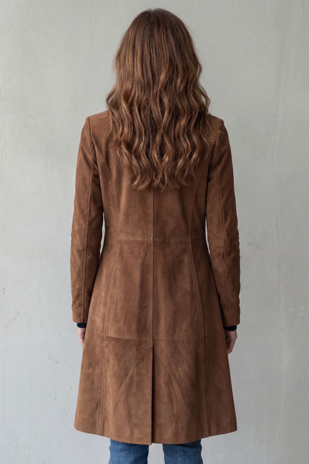 Dinah suede-look long coat in brown, back view with centre vent