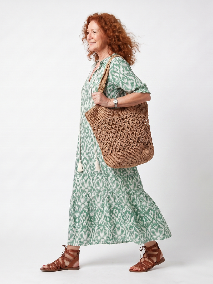 ILARA | PATTERN V NECK TASSEL MIDI DRESS