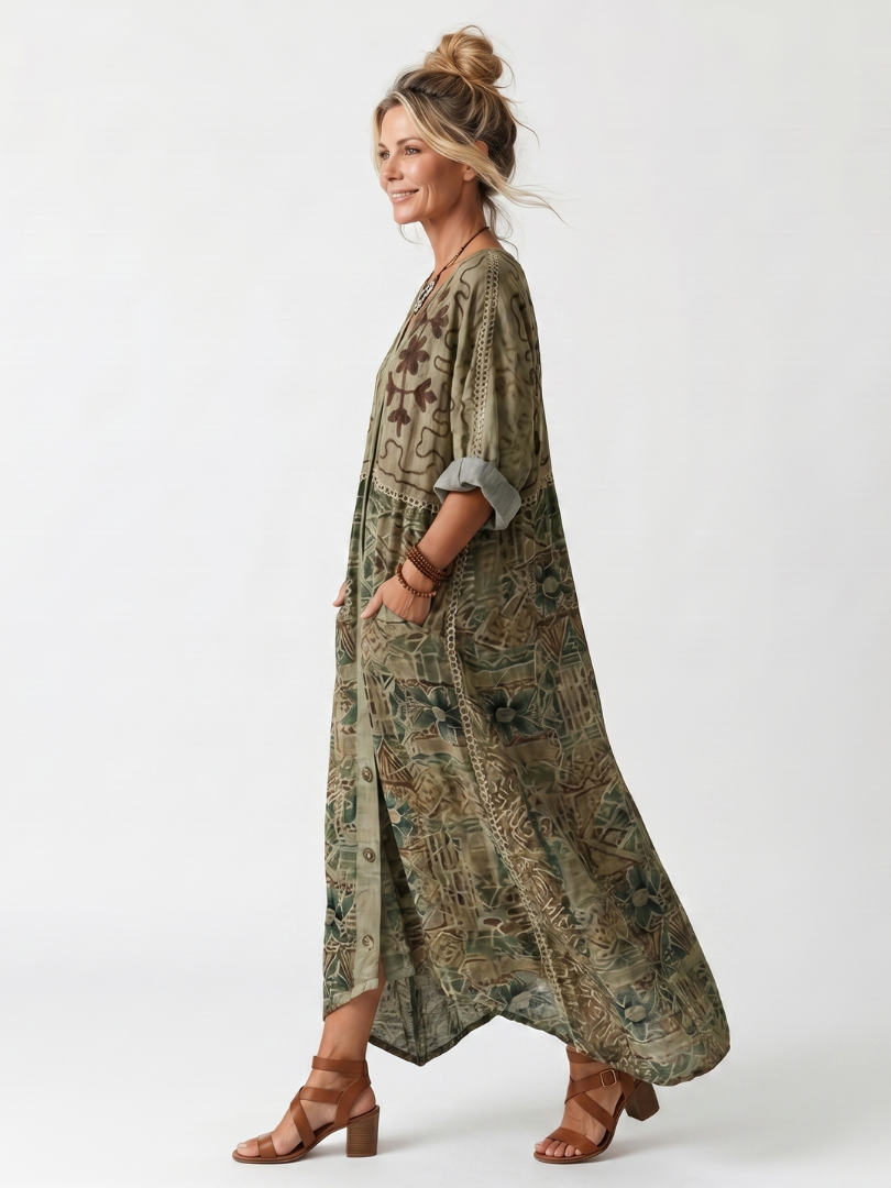 ALETA | BUTTON FRONT EMBROIDERED OVERSIZED POCKET MIDI DRESS