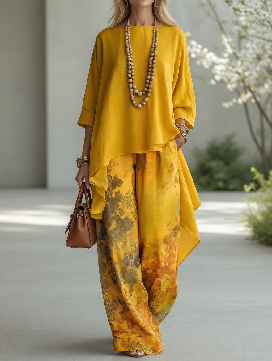 Kesia tunic and printed trouser set in yellow, front view