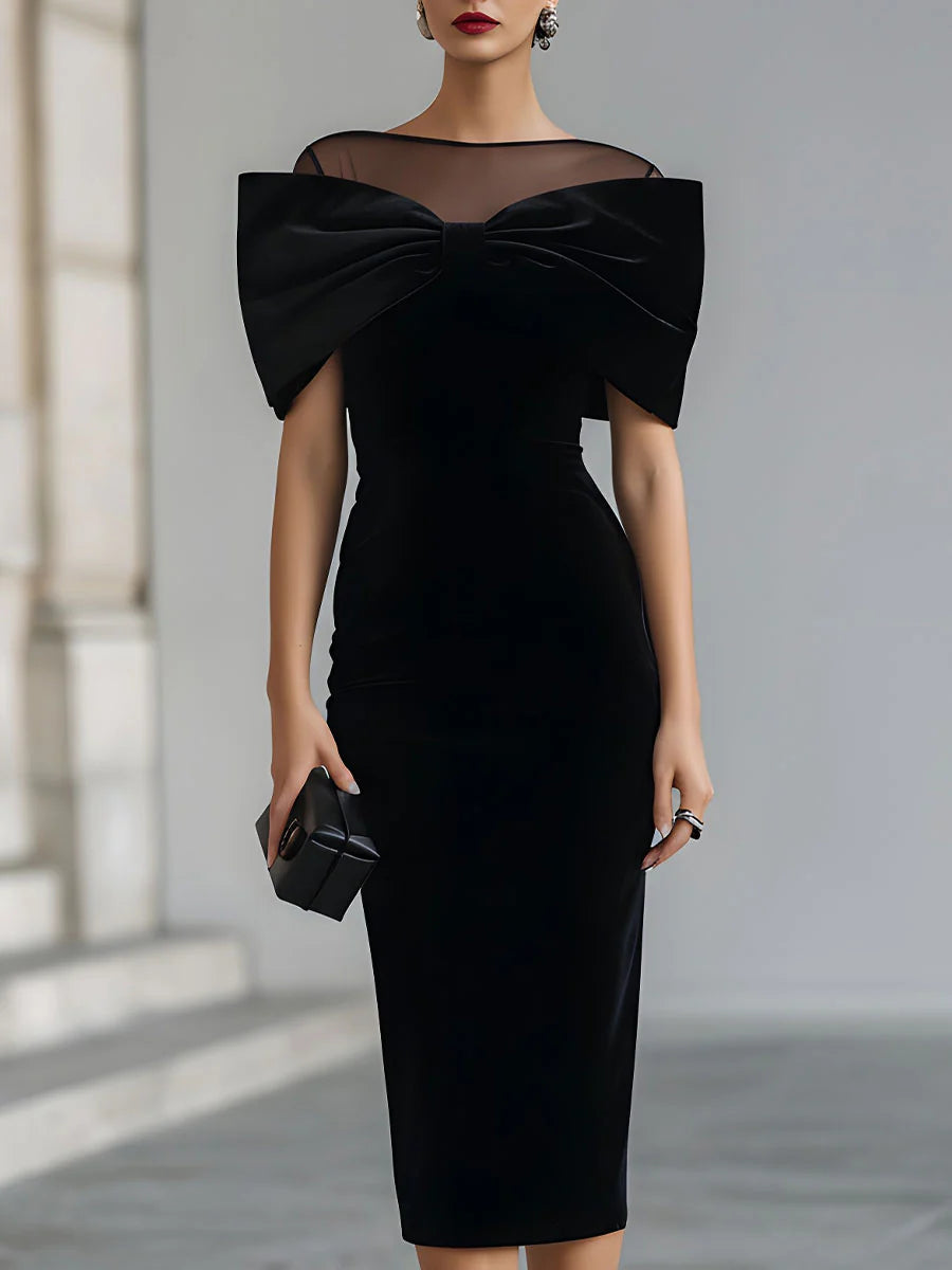 Black velvet bow midi dress, full-length front view with mesh boat neck