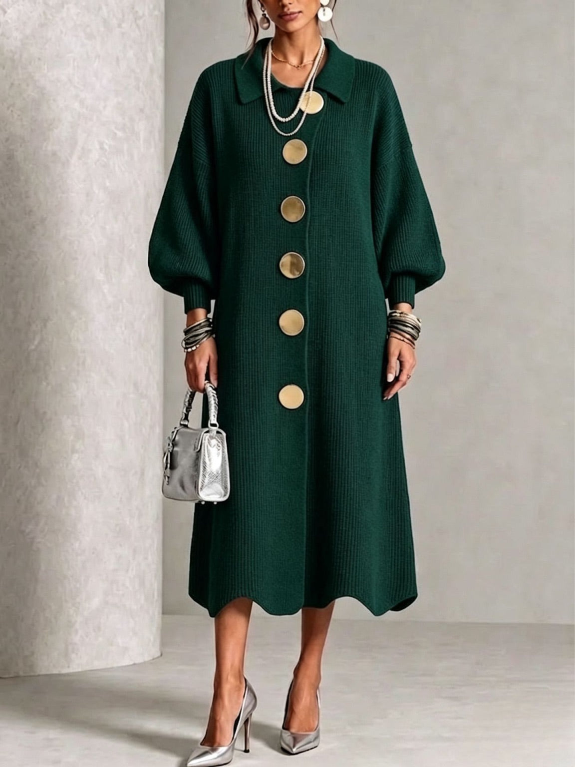 Ellery button-down knit midi dress in Green, front view