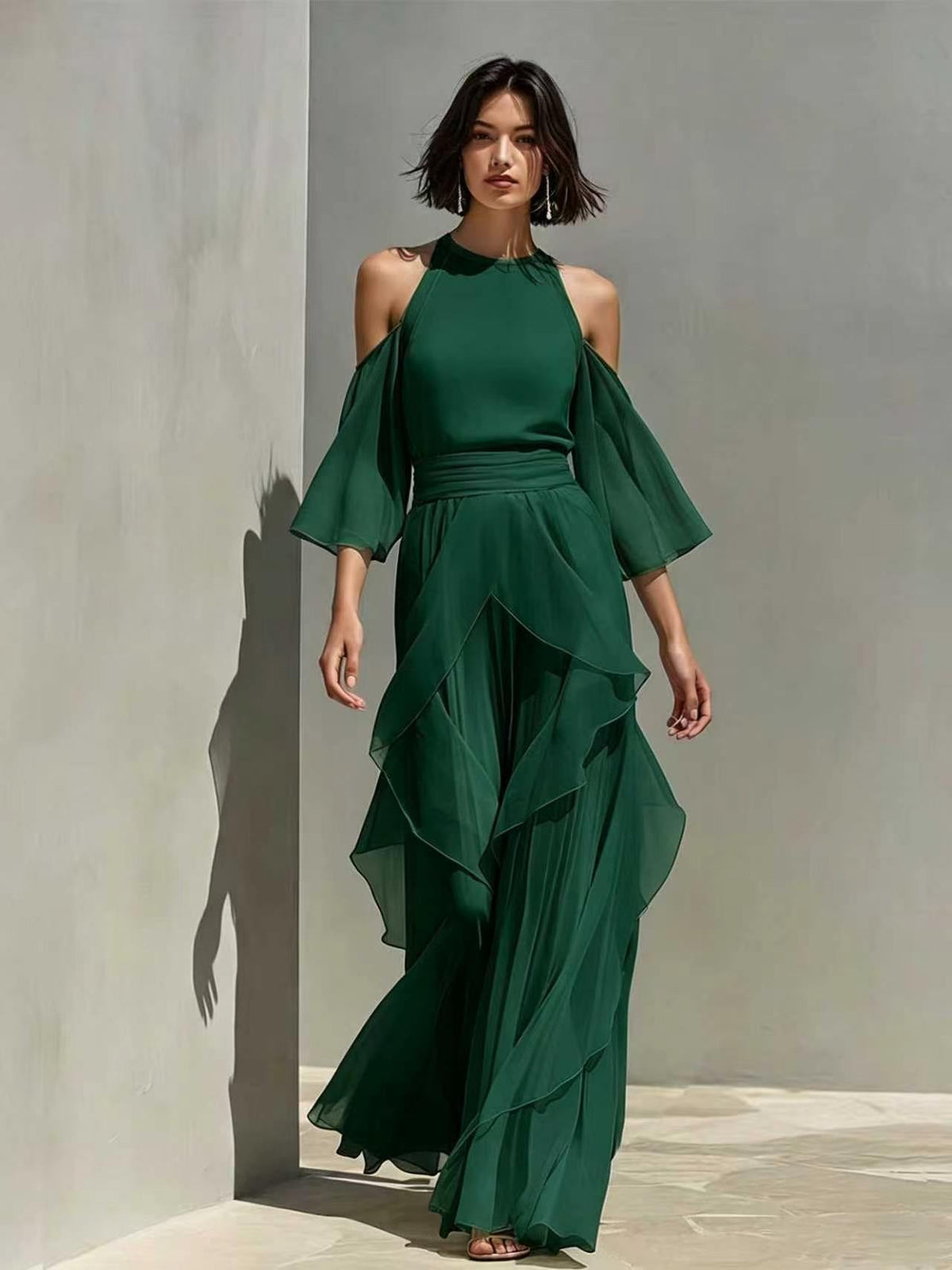 Solene - Cold Shoulder Chiffon Blouse And Wide Leg Pant Set