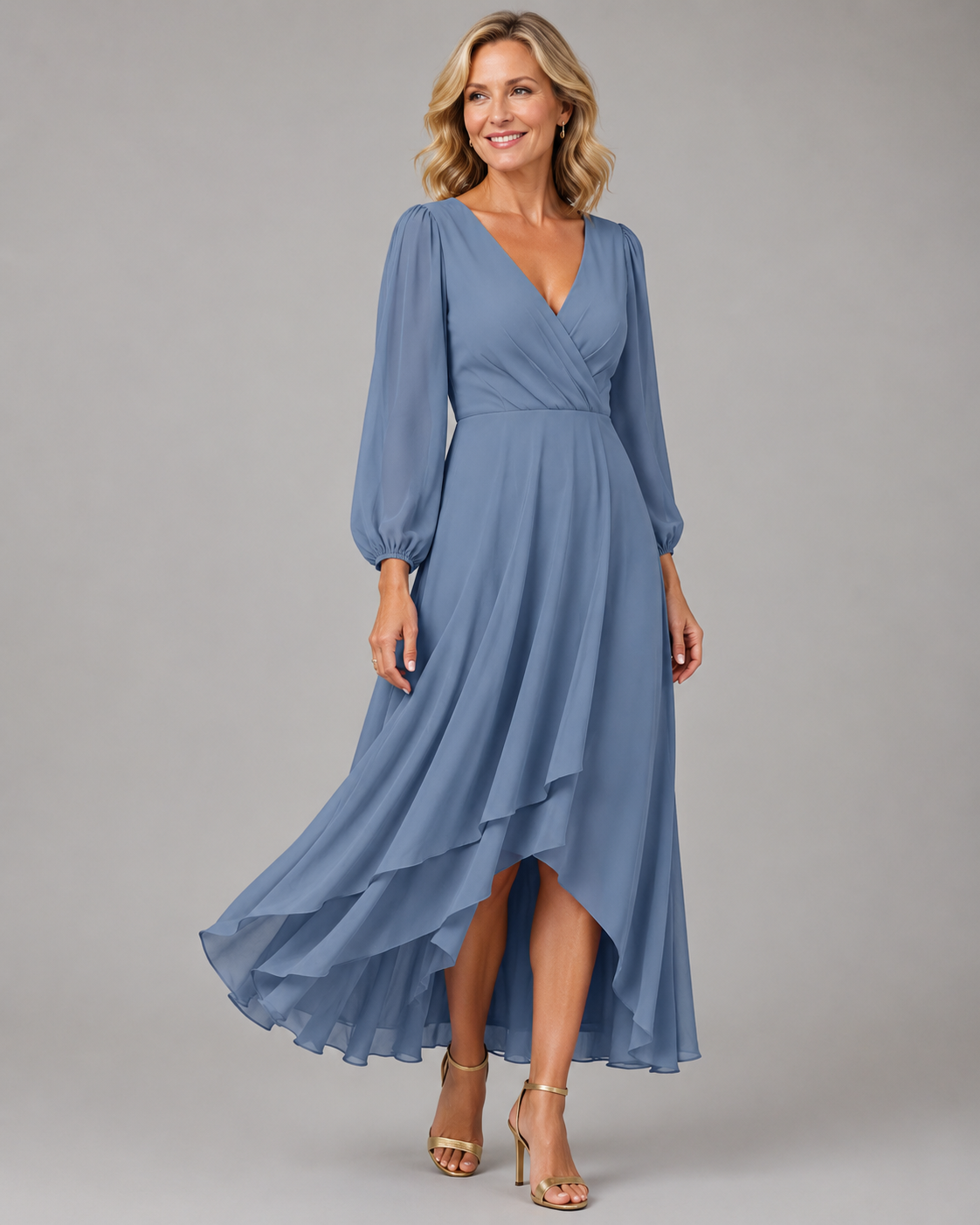 Mia wrap high-low dress in blue, full-length front view