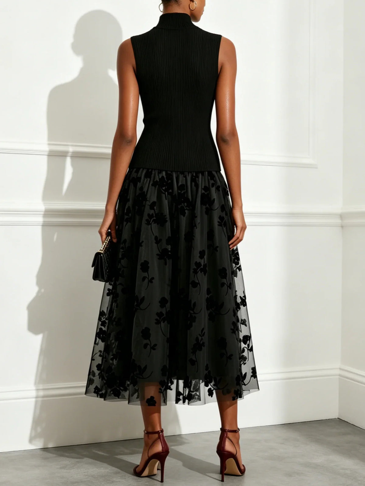 Annwen high-neck flocked tulle midi dress in Black, back view
